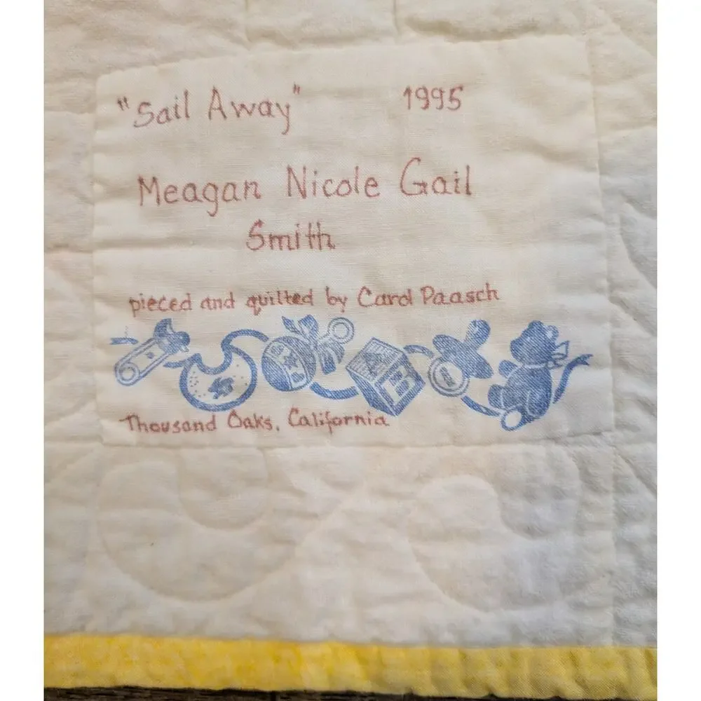 Vintage 1995 Handmade Sailboat Baby Quilt Signed Carol Paasch Cottagecore 28x34